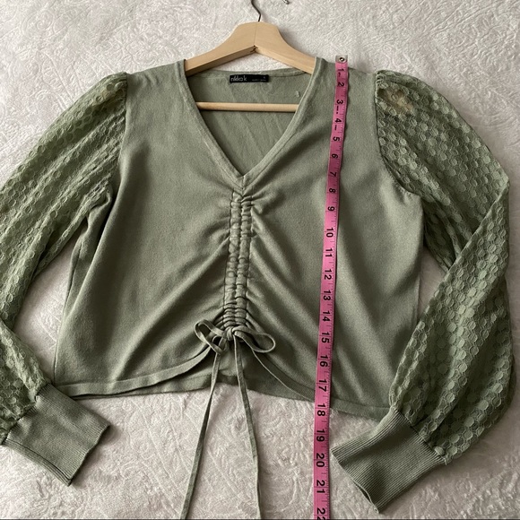 Sage Green Drawstring Sweater with Sheer Sleeves - Picture 5 of 9